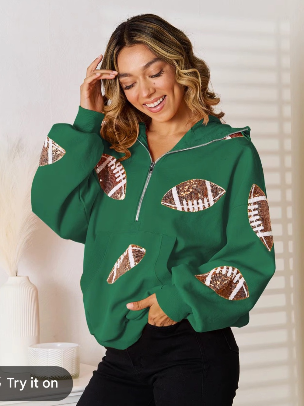 Football Sequin Half Zip Hoodie Fleece Sweatshirt Game Day Green Small NWT
